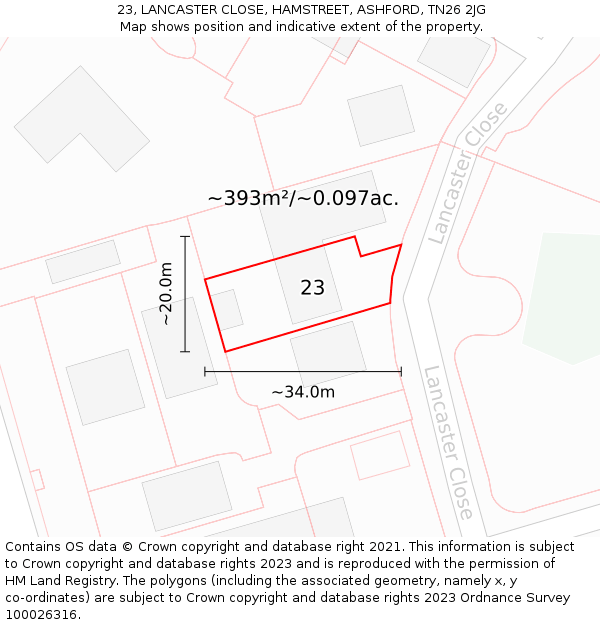 23, LANCASTER CLOSE, HAMSTREET, ASHFORD, TN26 2JG: Plot and title map