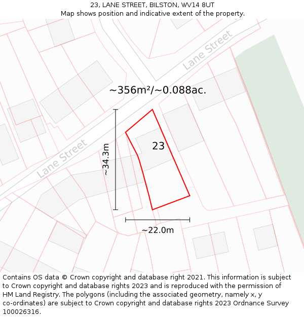 23, LANE STREET, BILSTON, WV14 8UT: Plot and title map