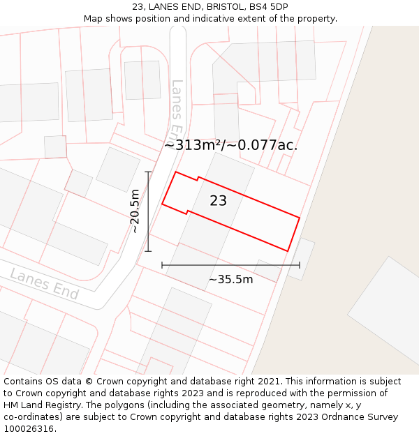 23, LANES END, BRISTOL, BS4 5DP: Plot and title map