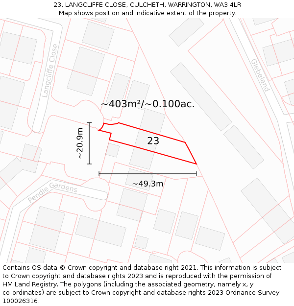 23, LANGCLIFFE CLOSE, CULCHETH, WARRINGTON, WA3 4LR: Plot and title map