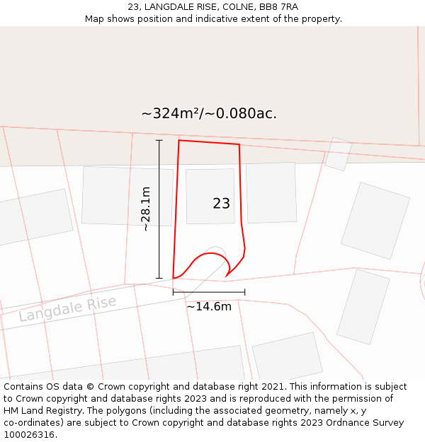 23, LANGDALE RISE, COLNE, BB8 7RA: Plot and title map