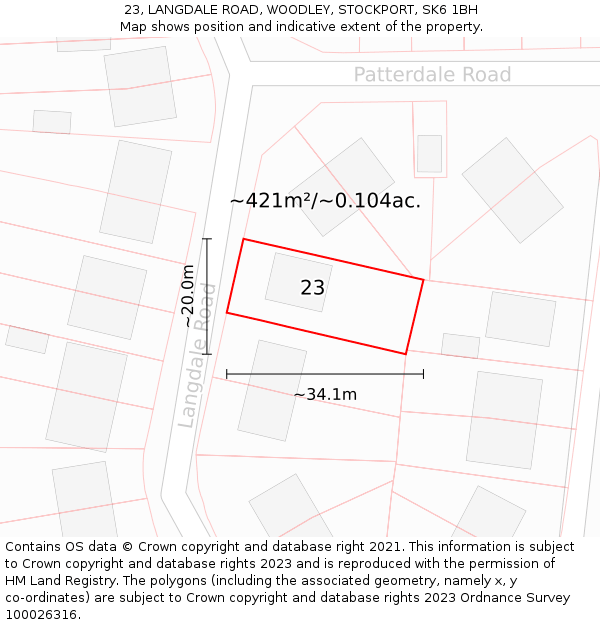 23, LANGDALE ROAD, WOODLEY, STOCKPORT, SK6 1BH: Plot and title map