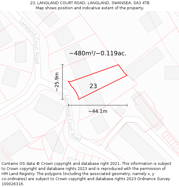 23, LANGLAND COURT ROAD, LANGLAND, SWANSEA, SA3 4TB: Plot and title map