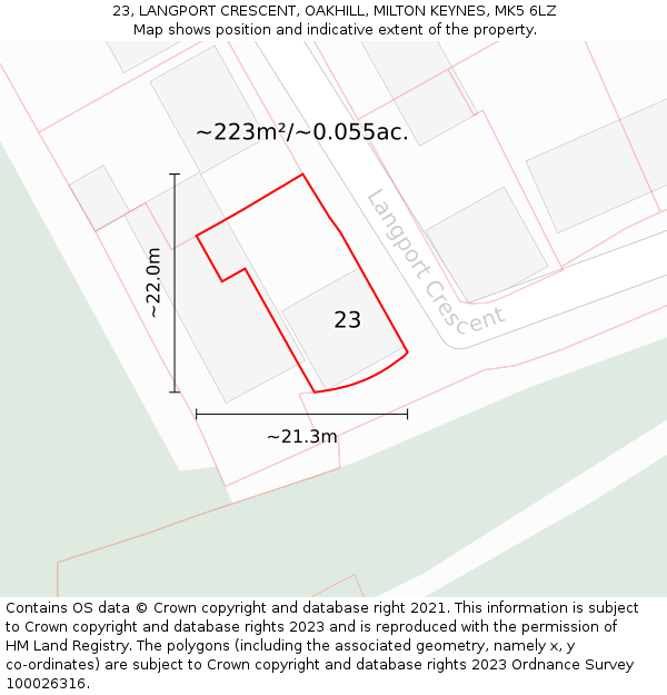 23, LANGPORT CRESCENT, OAKHILL, MILTON KEYNES, MK5 6LZ: Plot and title map