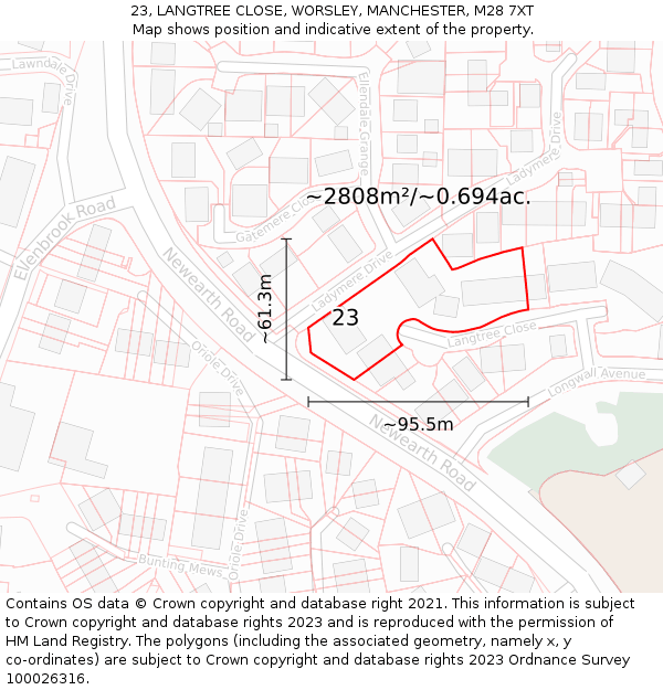 23, LANGTREE CLOSE, WORSLEY, MANCHESTER, M28 7XT: Plot and title map