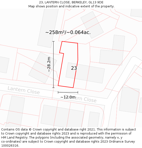 23, LANTERN CLOSE, BERKELEY, GL13 9DE: Plot and title map