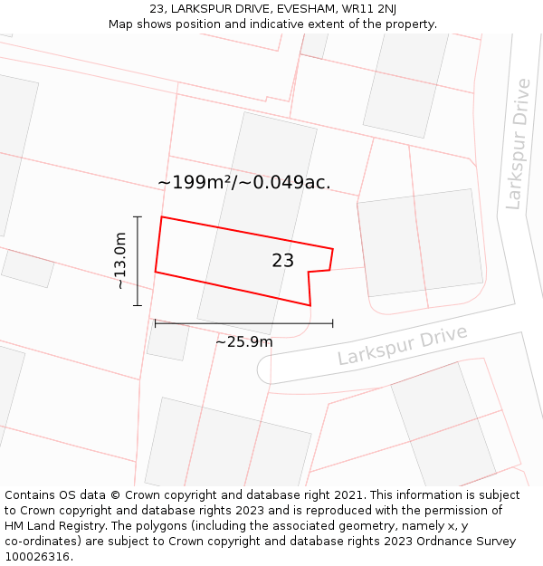 23, LARKSPUR DRIVE, EVESHAM, WR11 2NJ: Plot and title map