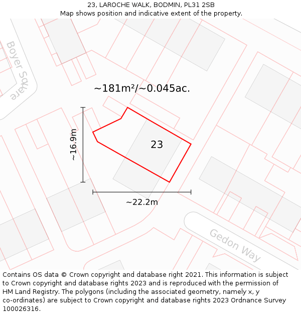 23, LAROCHE WALK, BODMIN, PL31 2SB: Plot and title map