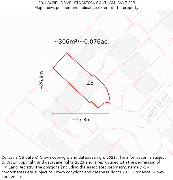 23, LAUREL DRIVE, STOCKTON, SOUTHAM, CV47 8FB: Plot and title map