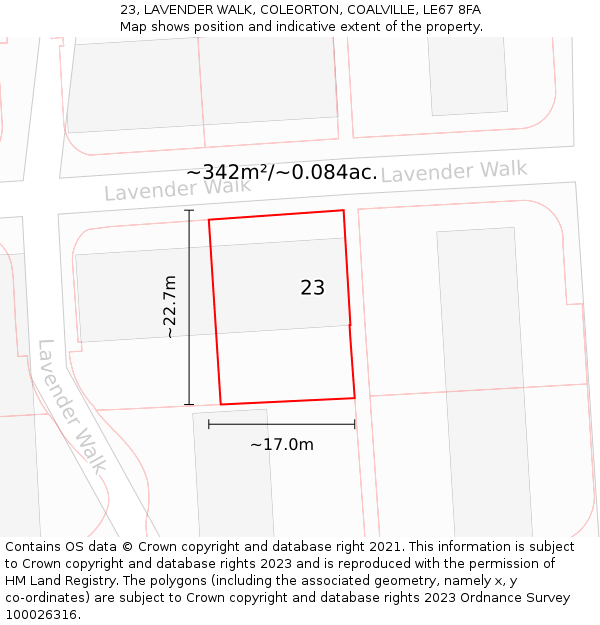 23, LAVENDER WALK, COLEORTON, COALVILLE, LE67 8FA: Plot and title map