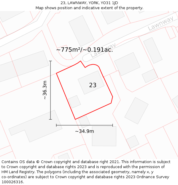 23, LAWNWAY, YORK, YO31 1JD: Plot and title map