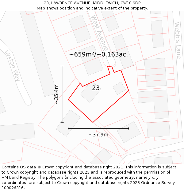 23, LAWRENCE AVENUE, MIDDLEWICH, CW10 9DP: Plot and title map