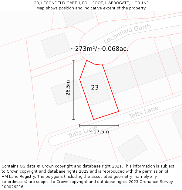 23, LECONFIELD GARTH, FOLLIFOOT, HARROGATE, HG3 1NF: Plot and title map