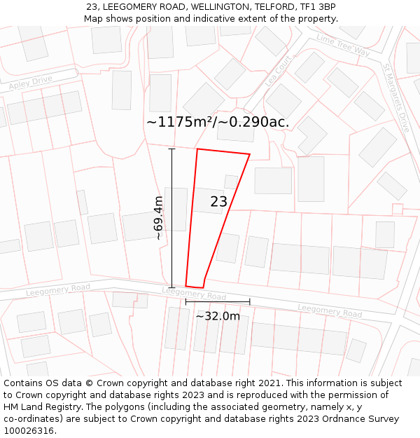 23, LEEGOMERY ROAD, WELLINGTON, TELFORD, TF1 3BP: Plot and title map