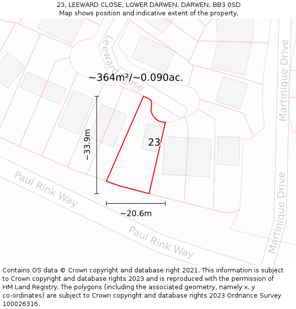 23, LEEWARD CLOSE, LOWER DARWEN, DARWEN, BB3 0SD: Plot and title map