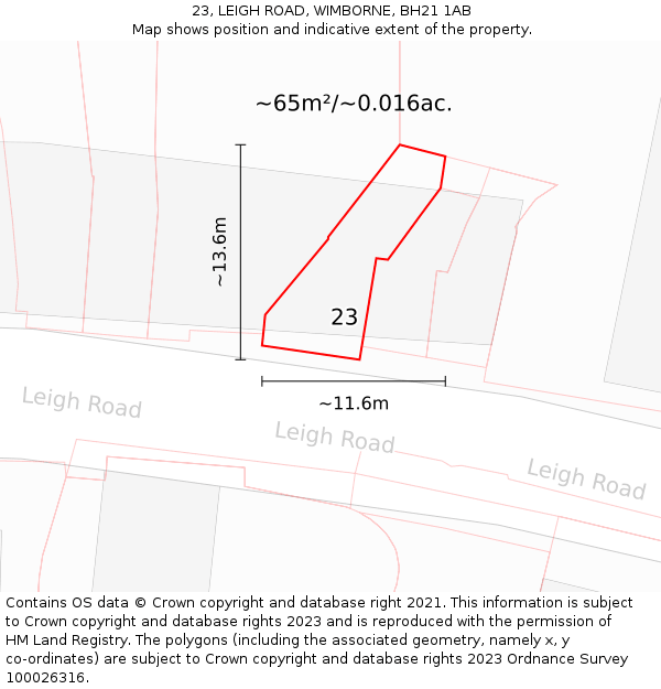 23, LEIGH ROAD, WIMBORNE, BH21 1AB: Plot and title map