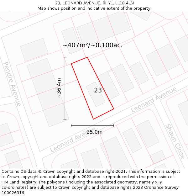 23, LEONARD AVENUE, RHYL, LL18 4LN: Plot and title map