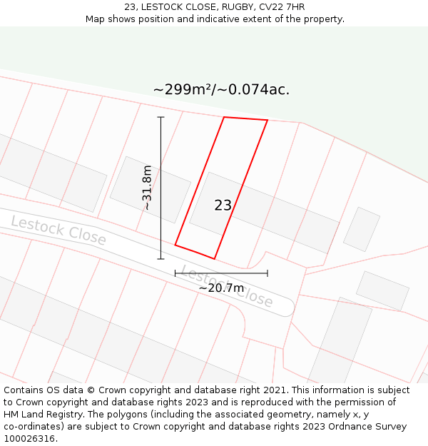 23, LESTOCK CLOSE, RUGBY, CV22 7HR: Plot and title map