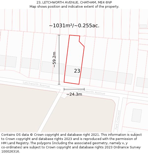 23, LETCHWORTH AVENUE, CHATHAM, ME4 6NP: Plot and title map