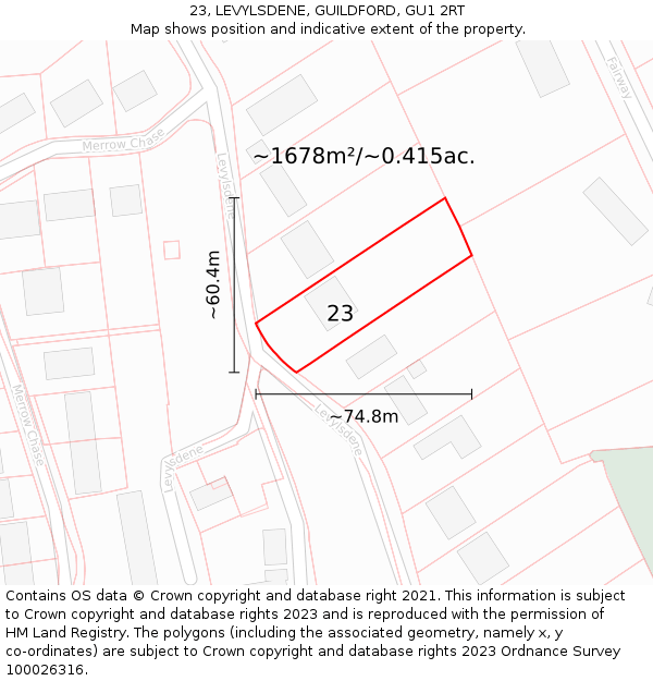 23, LEVYLSDENE, GUILDFORD, GU1 2RT: Plot and title map