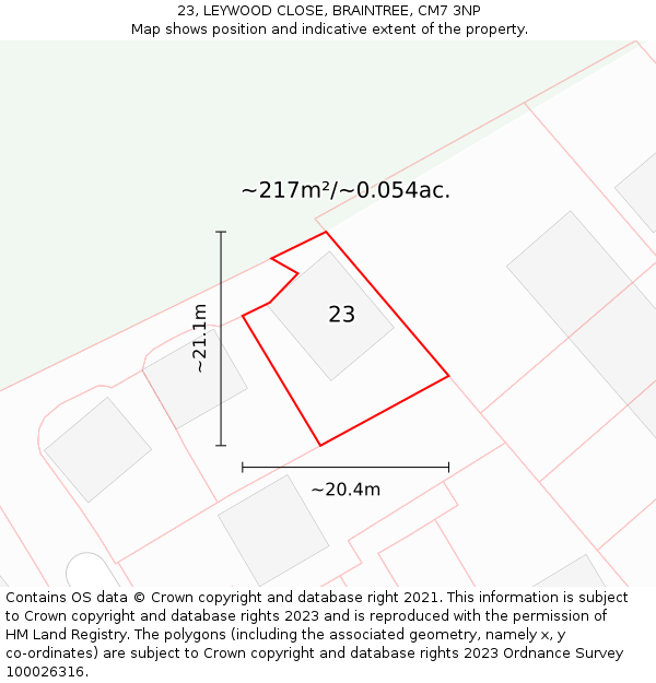 23, LEYWOOD CLOSE, BRAINTREE, CM7 3NP: Plot and title map