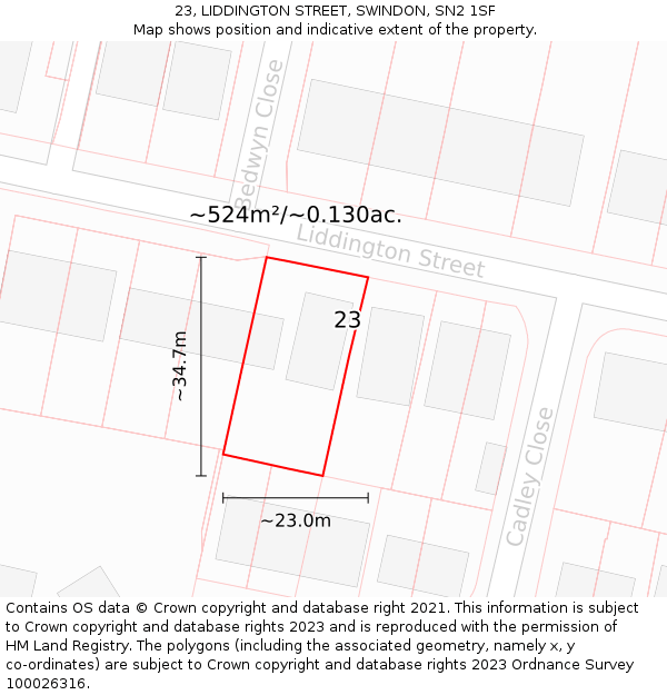 23, LIDDINGTON STREET, SWINDON, SN2 1SF: Plot and title map