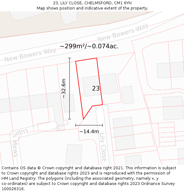 23, LILY CLOSE, CHELMSFORD, CM1 6YN: Plot and title map