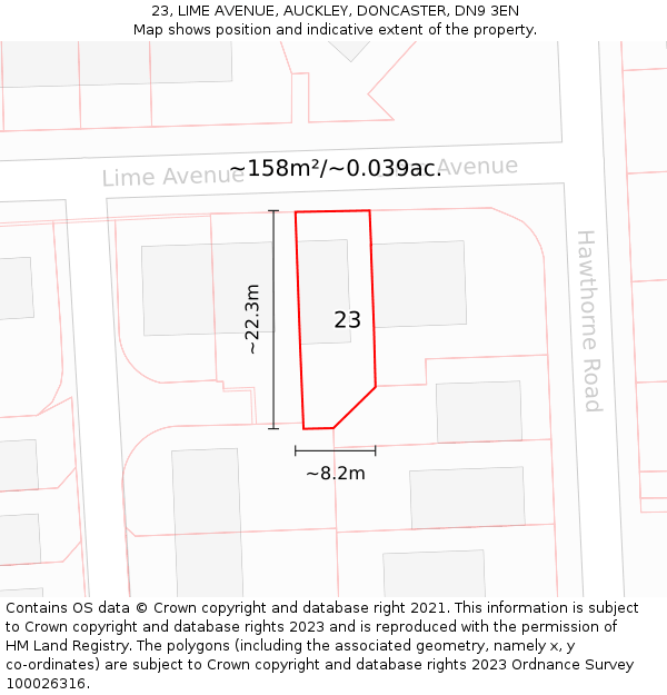 23, LIME AVENUE, AUCKLEY, DONCASTER, DN9 3EN: Plot and title map