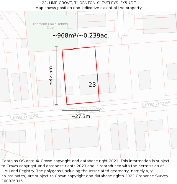 23, LIME GROVE, THORNTON-CLEVELEYS, FY5 4DE: Plot and title map