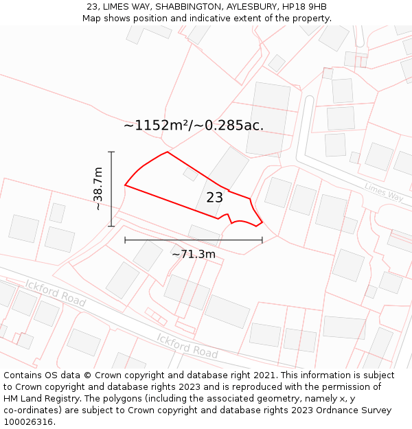 23, LIMES WAY, SHABBINGTON, AYLESBURY, HP18 9HB: Plot and title map