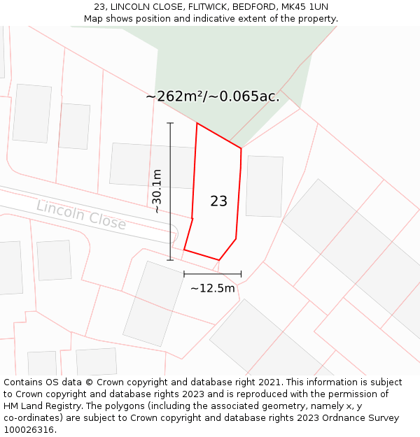 23, LINCOLN CLOSE, FLITWICK, BEDFORD, MK45 1UN: Plot and title map