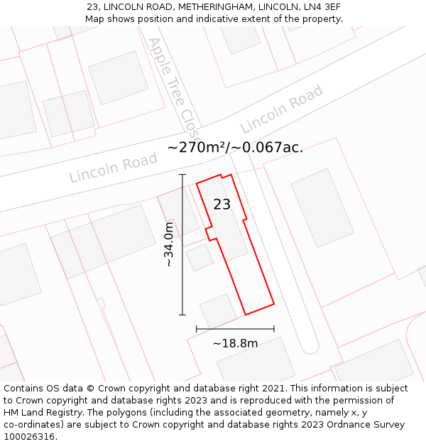 23, LINCOLN ROAD, METHERINGHAM, LINCOLN, LN4 3EF: Plot and title map