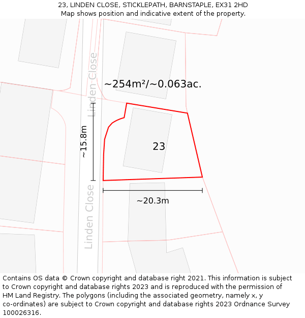 23, LINDEN CLOSE, STICKLEPATH, BARNSTAPLE, EX31 2HD: Plot and title map