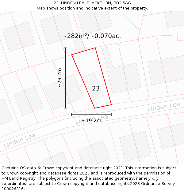 23, LINDEN LEA, BLACKBURN, BB2 5AG: Plot and title map