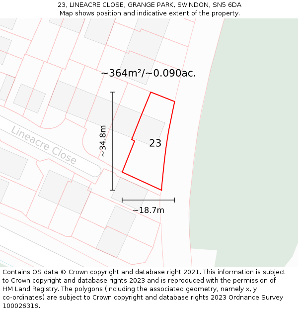 23, LINEACRE CLOSE, GRANGE PARK, SWINDON, SN5 6DA: Plot and title map