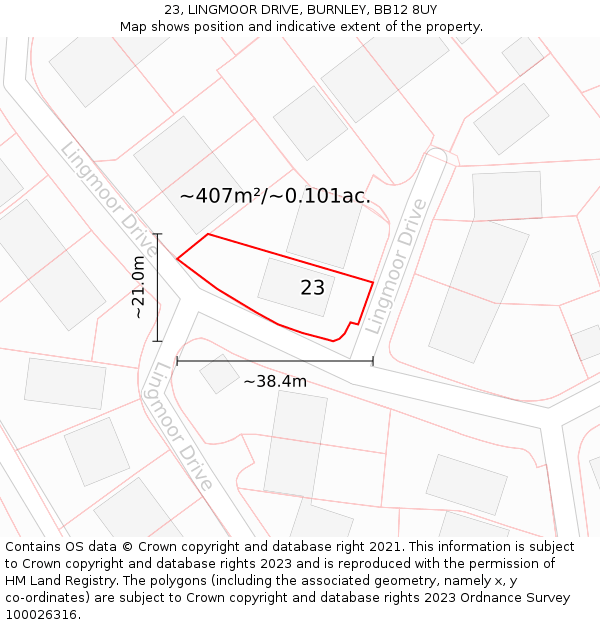 23, LINGMOOR DRIVE, BURNLEY, BB12 8UY: Plot and title map