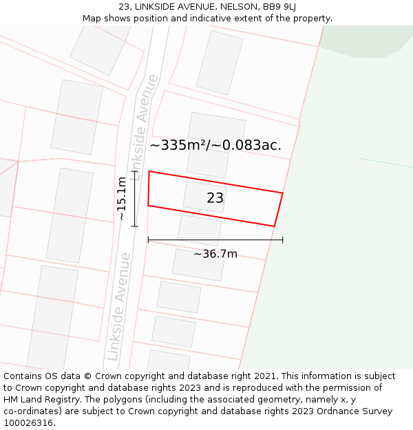 23, LINKSIDE AVENUE, NELSON, BB9 9LJ: Plot and title map