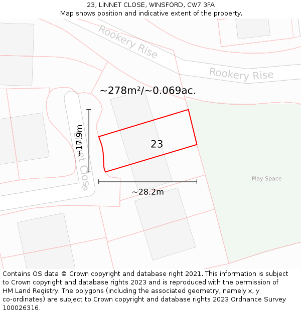 23, LINNET CLOSE, WINSFORD, CW7 3FA: Plot and title map