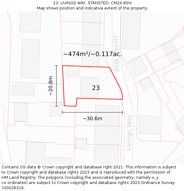 23, LIVINGS WAY, STANSTED, CM24 8SN: Plot and title map