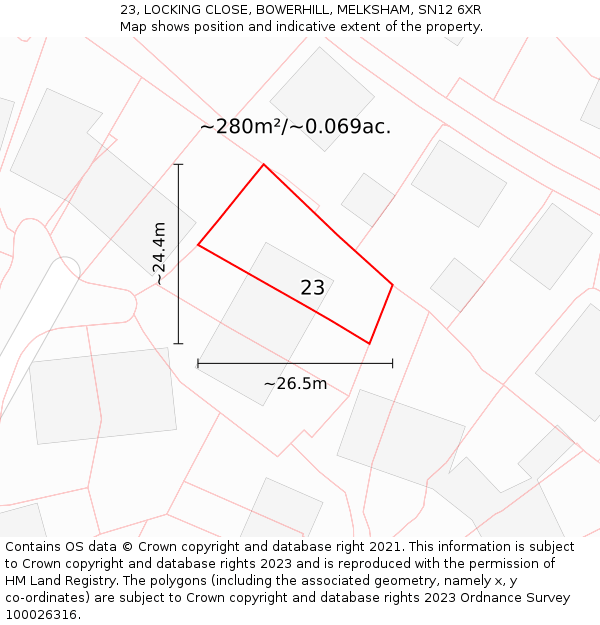 23, LOCKING CLOSE, BOWERHILL, MELKSHAM, SN12 6XR: Plot and title map