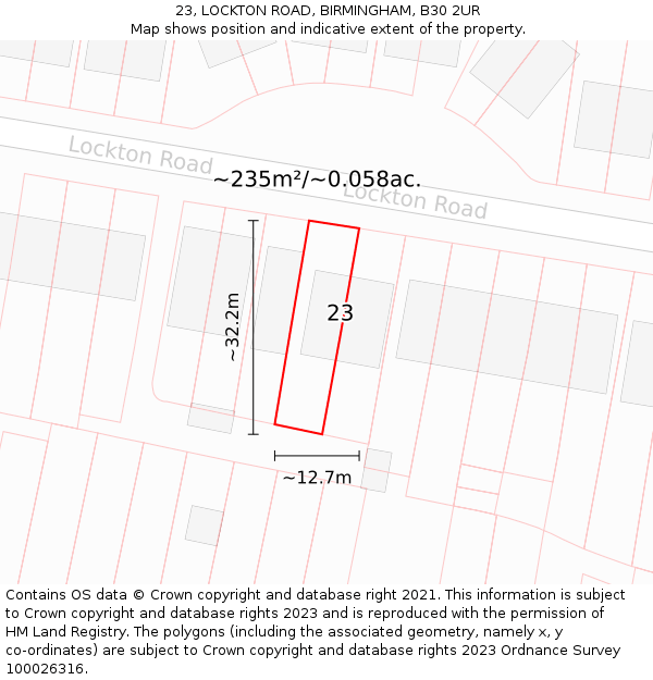 23, LOCKTON ROAD, BIRMINGHAM, B30 2UR: Plot and title map