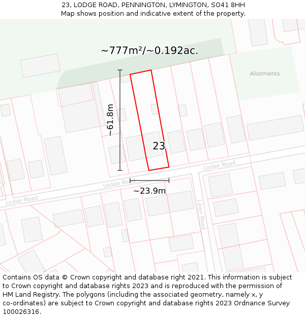 23, LODGE ROAD, PENNINGTON, LYMINGTON, SO41 8HH: Plot and title map