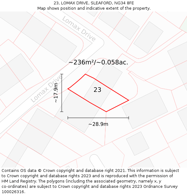 23, LOMAX DRIVE, SLEAFORD, NG34 8FE: Plot and title map