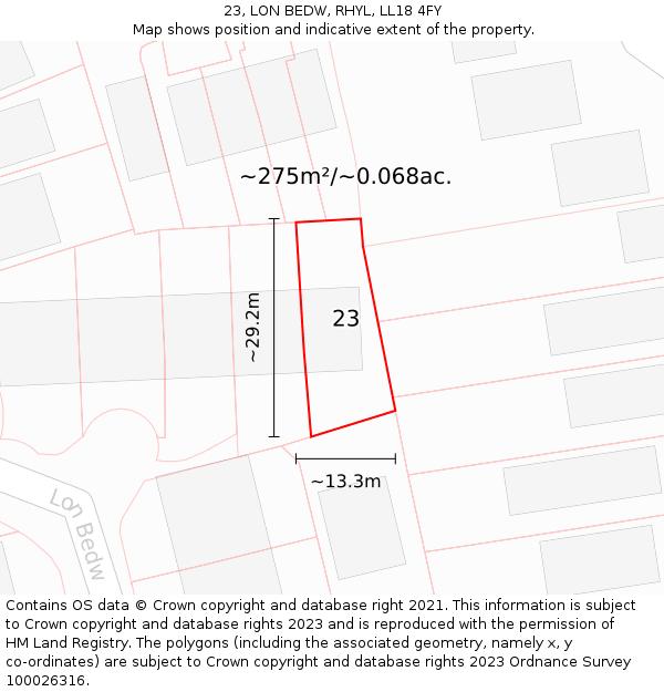 23, LON BEDW, RHYL, LL18 4FY: Plot and title map