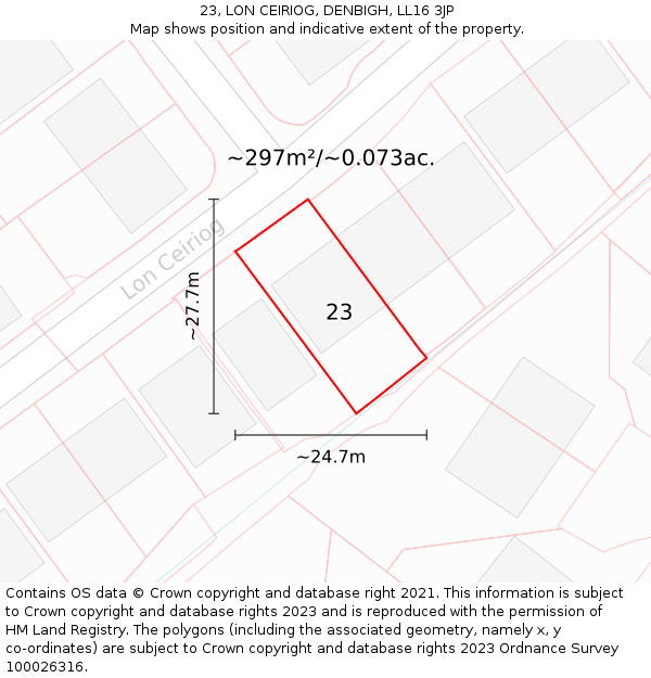 23, LON CEIRIOG, DENBIGH, LL16 3JP: Plot and title map