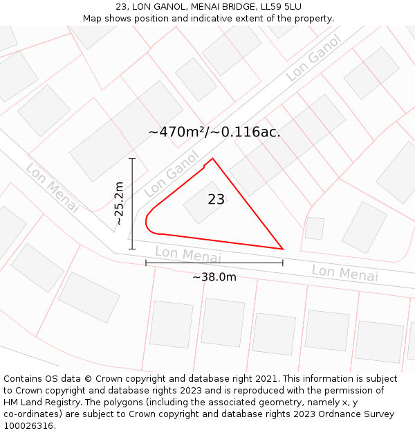 23, LON GANOL, MENAI BRIDGE, LL59 5LU: Plot and title map