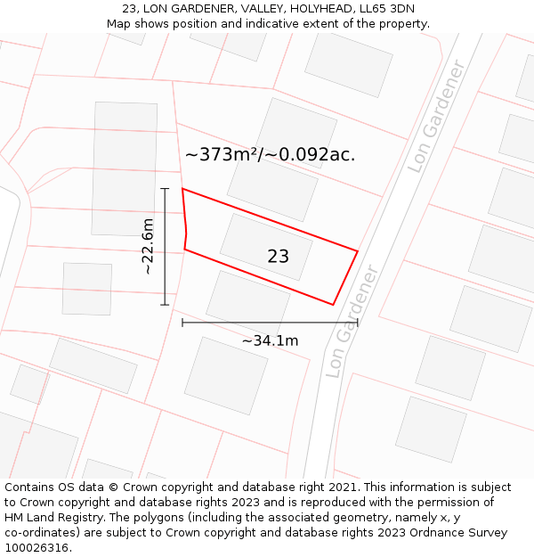 23, LON GARDENER, VALLEY, HOLYHEAD, LL65 3DN: Plot and title map