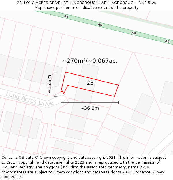 23, LONG ACRES DRIVE, IRTHLINGBOROUGH, WELLINGBOROUGH, NN9 5UW: Plot and title map