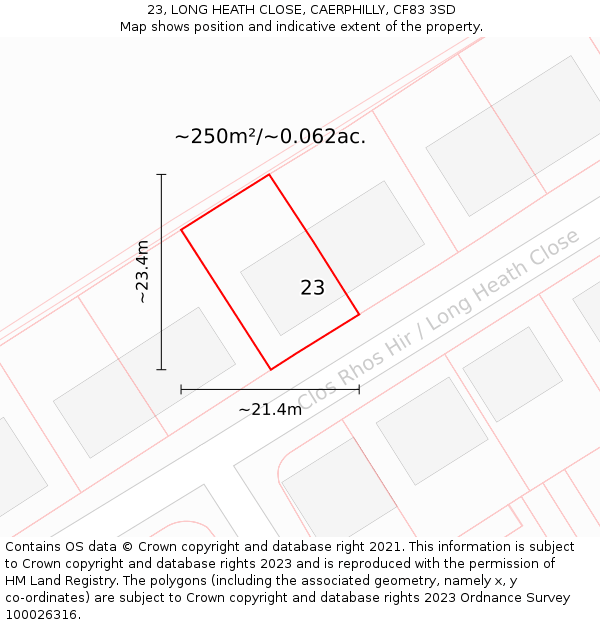 23, LONG HEATH CLOSE, CAERPHILLY, CF83 3SD: Plot and title map