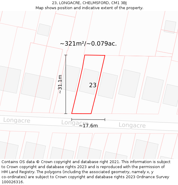 23, LONGACRE, CHELMSFORD, CM1 3BJ: Plot and title map